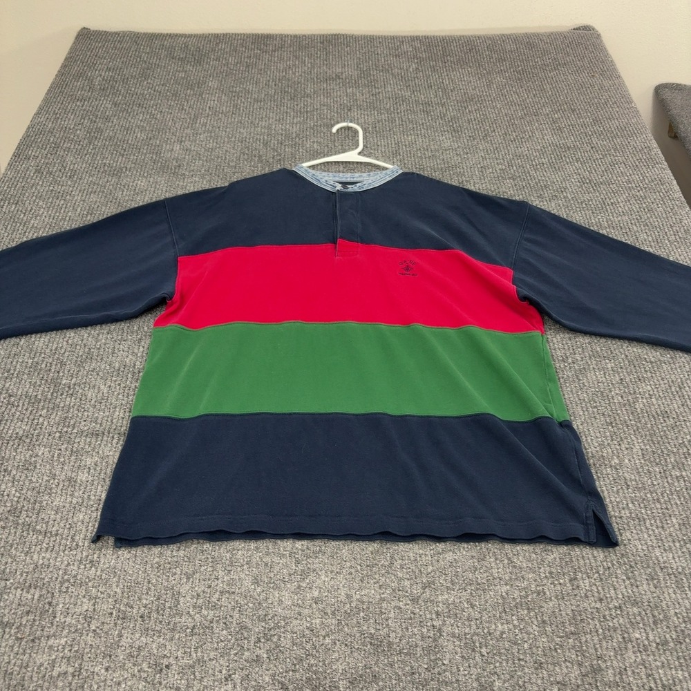 Maine New England Shirt Mens L Navy Red Green Cotton Striped Henley Preppy Style